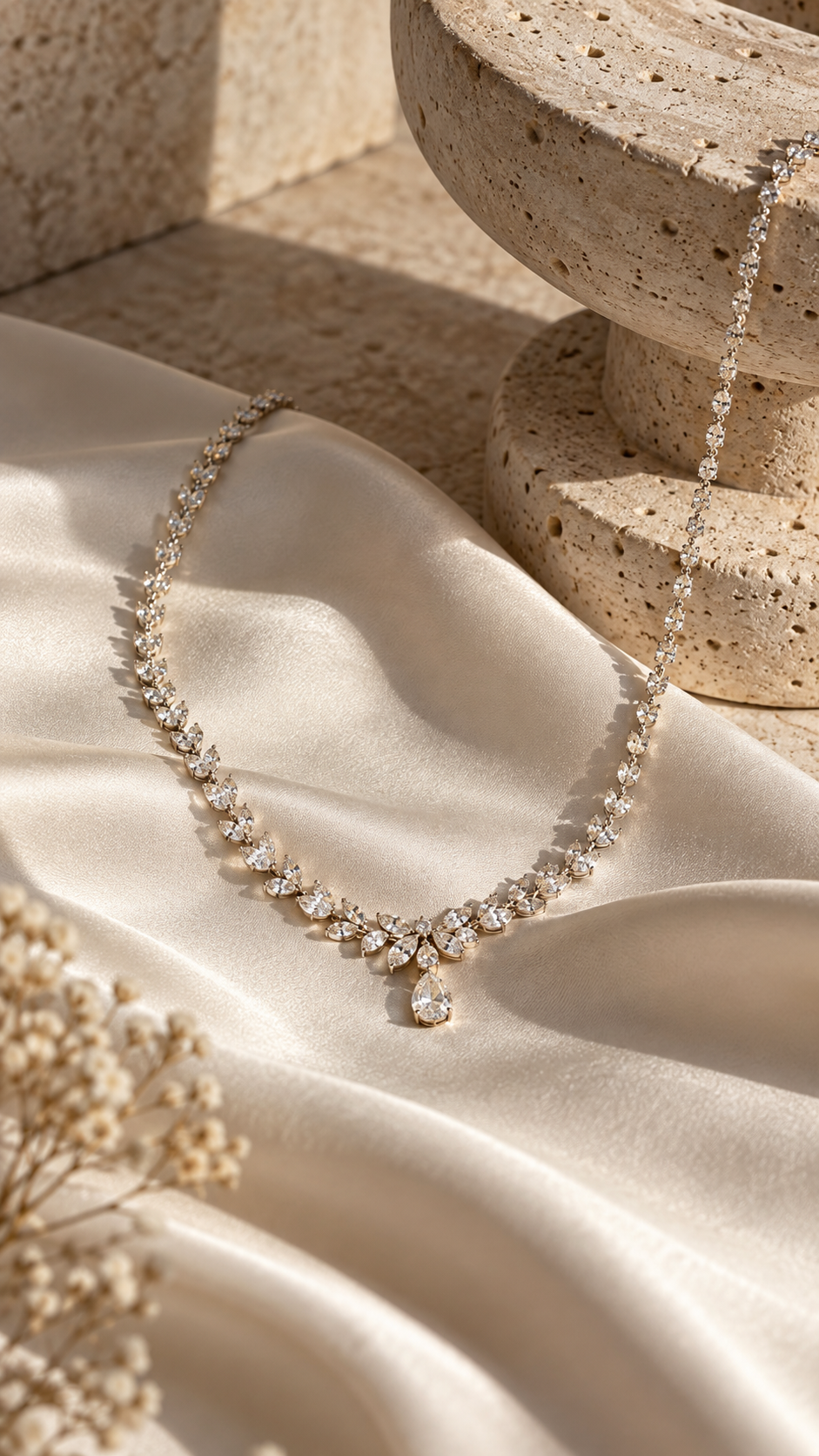 Diamond necklace arranged on ivory silk and stone